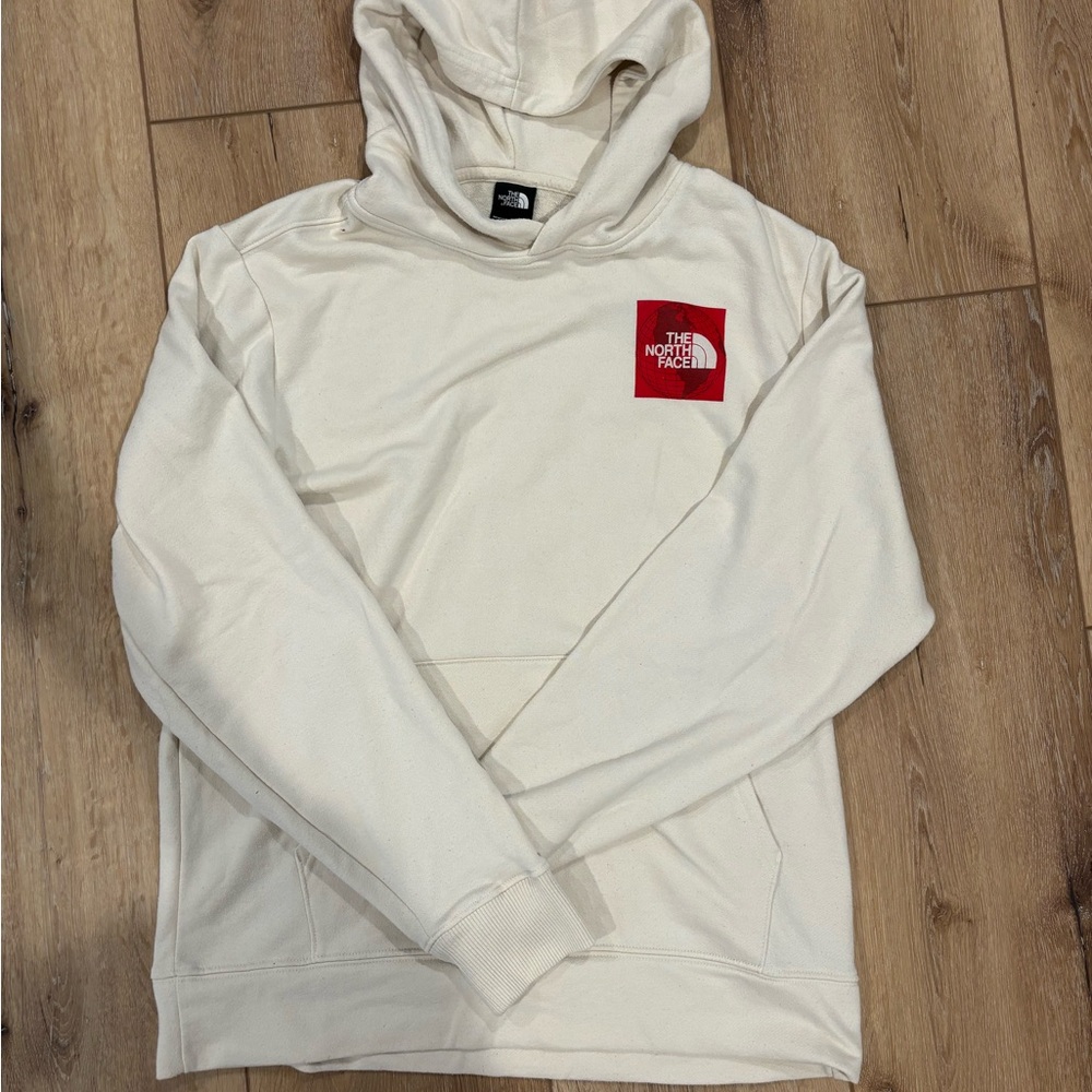 The North Face Men's Off-White Hoodie with Red Logo